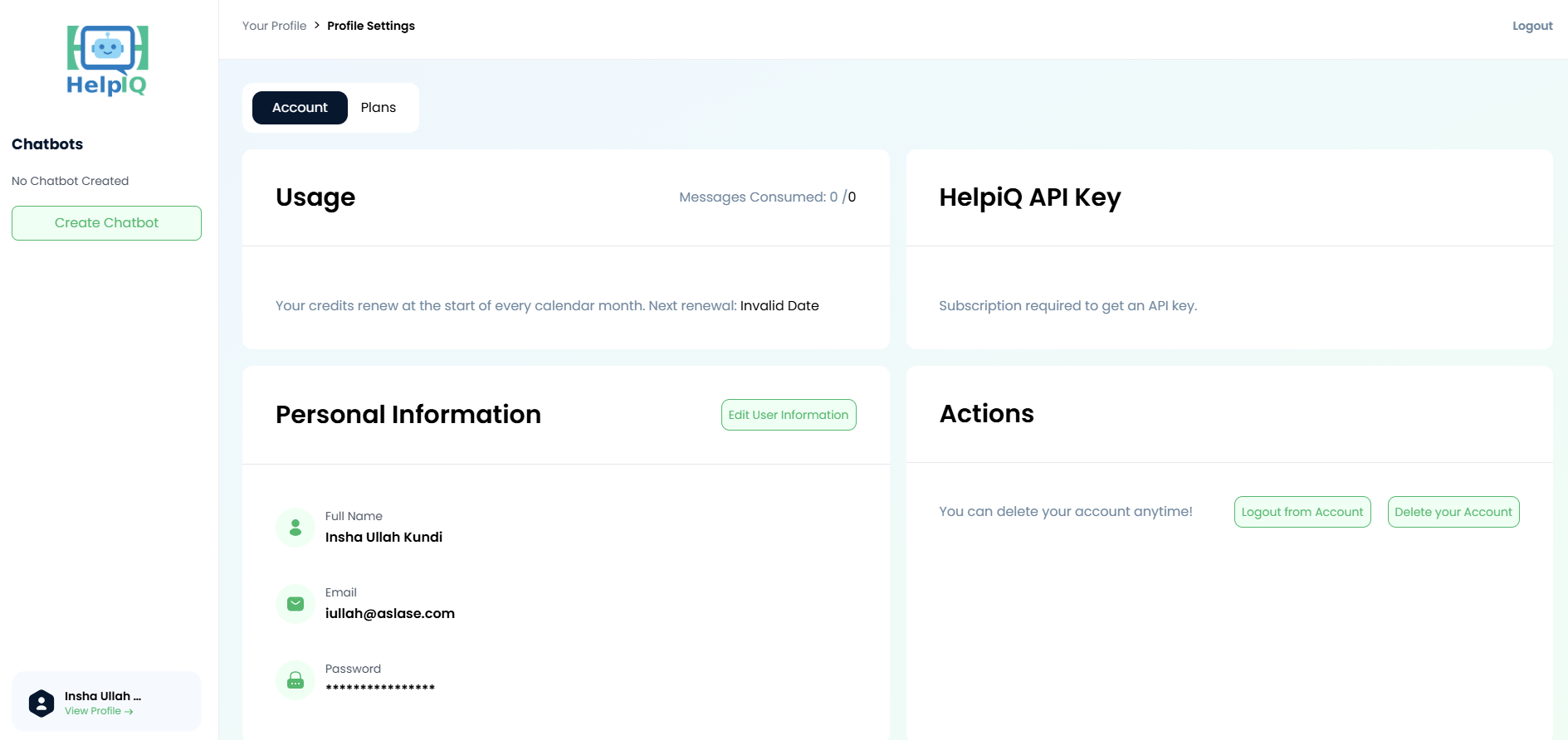 HelpIQ personalized AI chatbot dashboard preview